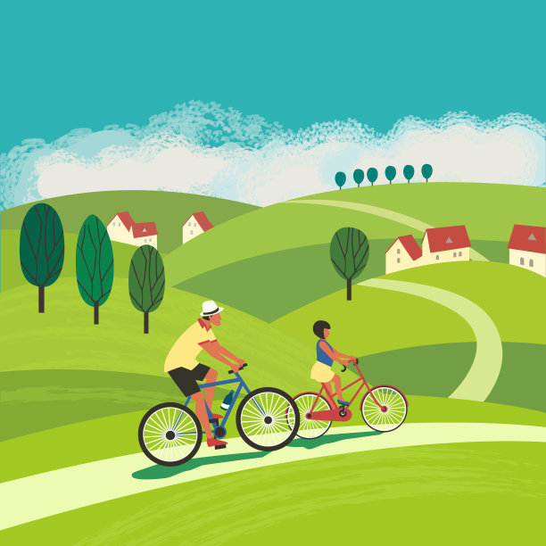 爸爸和女儿骑自行车平色向量图片下载