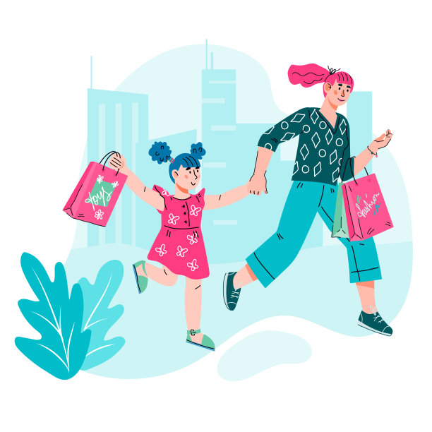 母女一起购物的卡通装饰banner或网页元素图片下载