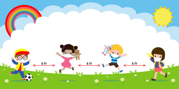 回到学校，开始新的正常的生活方式。快乐的孩子戴着口罩和社交距离保护冠状病毒19，一群孩子和朋友在隔离的背景下上学图片下载