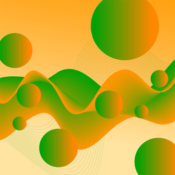明亮的橙色，绿色3D波和飞行的球体。抽象的流体的背景。鲜艳的液体图案。运动的概念。未来设计的小册子封面，网站模板，推广材料图片下载