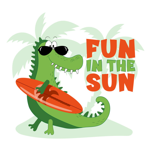 阳光下的乐趣-快乐的夏天口号，可爱的鳄鱼或短吻鳄。图片下载