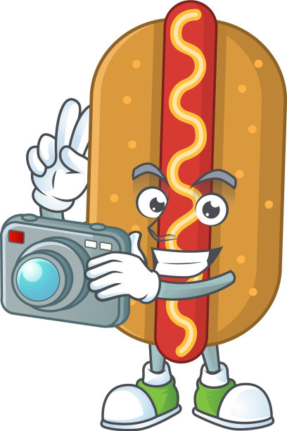 热狗摄影师吉祥物用相机拍照图片下载