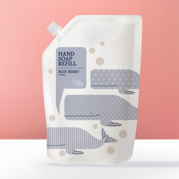 矢量洗手液，消毒剂或洗涤剂补充包或袋。卡通鲸鱼儿童图案主题。图片下载