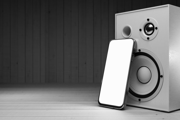 智能手机模型的背景立体声音乐扬声器。白色屏幕的智能手机为您设计的音乐应用程序或广告的背景上的白色音乐扬声器。3 d渲染。图片下载