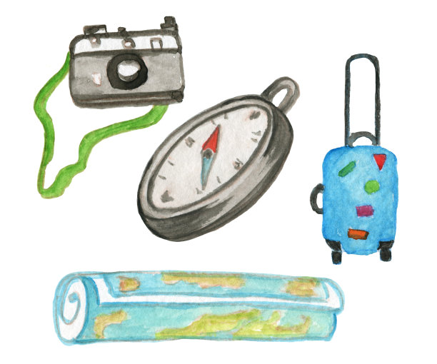 水彩剪纸艺术。野营的物品。夏天旅游。露营。明信片插图，剪贴簿，贴纸。图片下载
