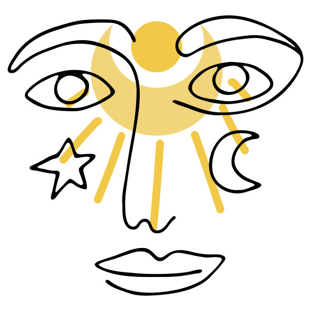 黑色轮廓抽象的脸在白色的背景。手绘线条艺术插图。彩色月亮和花卉的女性肖像。图片下载