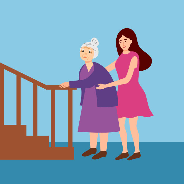 年轻女子帮助老妇人在平面设计上楼。对高层人员友善。慷慨。图片下载