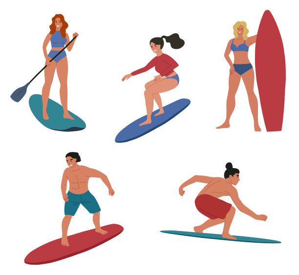 人们在冲浪板上冲浪，并sup冲浪板。可爱的人物。海洋或海水运动。图片下载