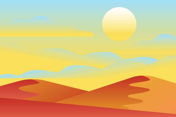有波浪的风景。蓝色的太阳落在天空。黄色，橙色，粉红色和红色的山剪影。沙丘。自然与生态。水平方向。社交媒体、明信片和海报图片下载