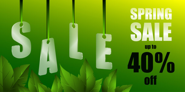 春季销售旗帜。绿色的叶子和半透明的玻璃或塑料字母在丝带上。图片下载