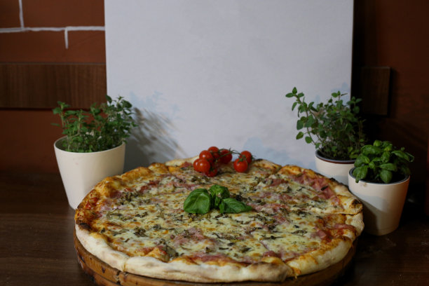 白蘑菇，火腿，朝鲜蓟，西红柿，橄榄，帕尔马干酪和马苏里拉奶酪配木背景图片图片下载