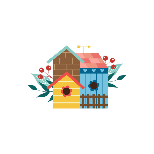 带树枝、浆果和风向标的禽舍矢量孤立插图图片下载