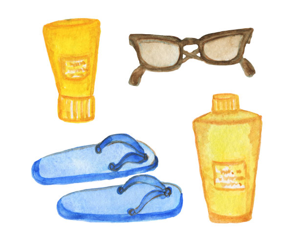 水彩剪贴画，项目露营，海滩衣服，夏天，旅游，娱乐，在自然。海滩插图，明信片，剪贴簿，贴纸。图片下载