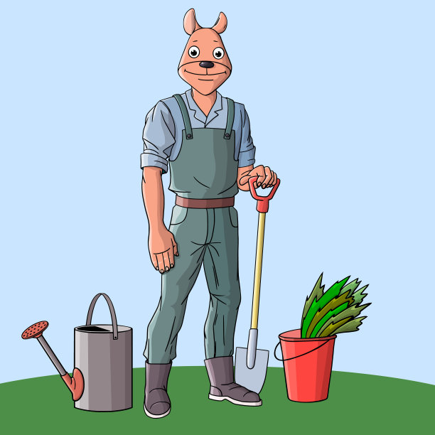 一个年轻人用铲子和喷壶工作图片下载