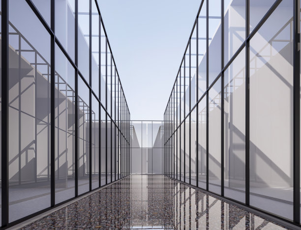 玻璃建筑之间的倒影池3d渲染图片下载