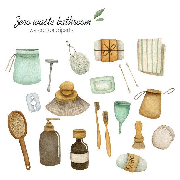 水彩零废物浴室设置在白色背景。隔离水彩刷，牙刷，剃须刀，梳子，肥皂，浮石，刀片，月经杯，袋在白色的背景图片下载