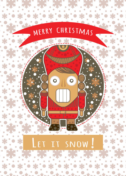 圣诞卡片与胡桃夹子木偶和雪花平面矢量插图。图片下载