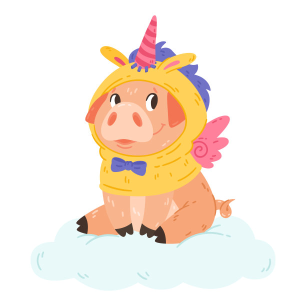 可爱的猪穿着独角兽服装，长着角和翅膀坐在云上。矢量彩色设计字符插图印刷问候明信片和托儿所。图片下载
