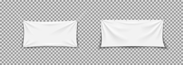 织物旗帜。白色纺织旗帜。悬挂，伸展布面旗。织物帆布与绳子。空白的水平模型的海报。逼真的矩形纹理广告。用折旗挂旗。向量图片下载