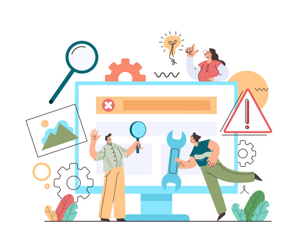 技术支持电脑维修团队，人物定位电脑概念。矢量平面卡通现代风格的平面设计插图图片下载