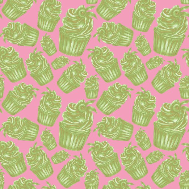 绿色的图案，在粉红色的背景上孵出的纸杯蛋糕，糖果包装设计图片下载