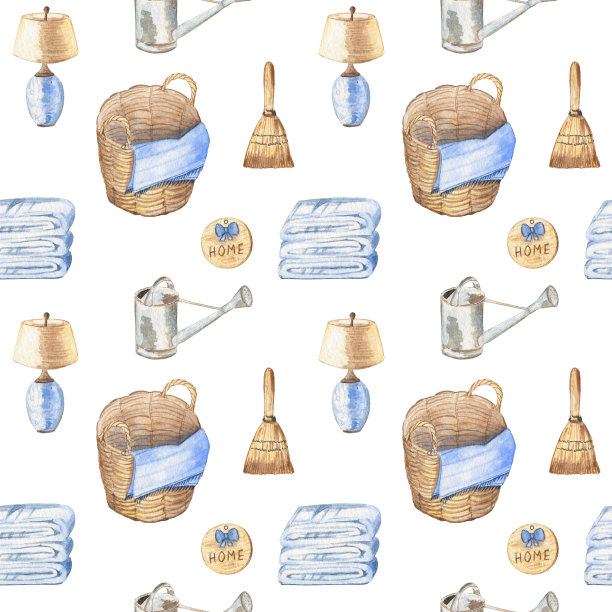 舒适无缝模式与农家乐风格的装饰项目。水彩插图在白色孤立的背景。完美的壁纸，包装纸，厨房纺织品，家庭装饰等。图片下载