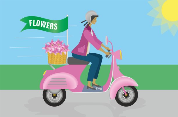 骑在粉色轻便摩托车上的酷女人矢量插画图片下载