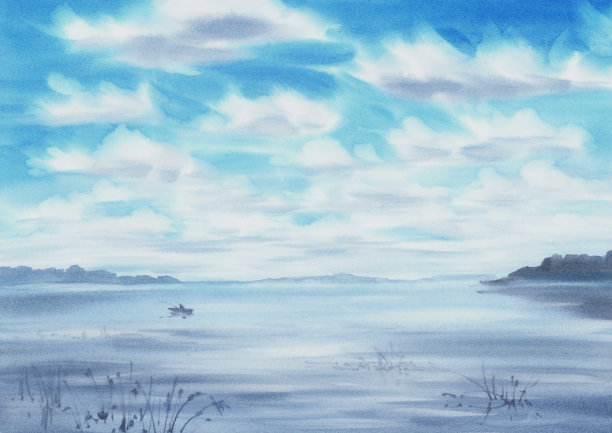 手绘水彩风景与云彩和一个湖图片下载