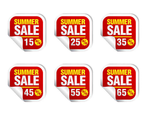 夏季销售红色贴纸图标集。降价15%，25%，35%，45%，55%，65%图片下载