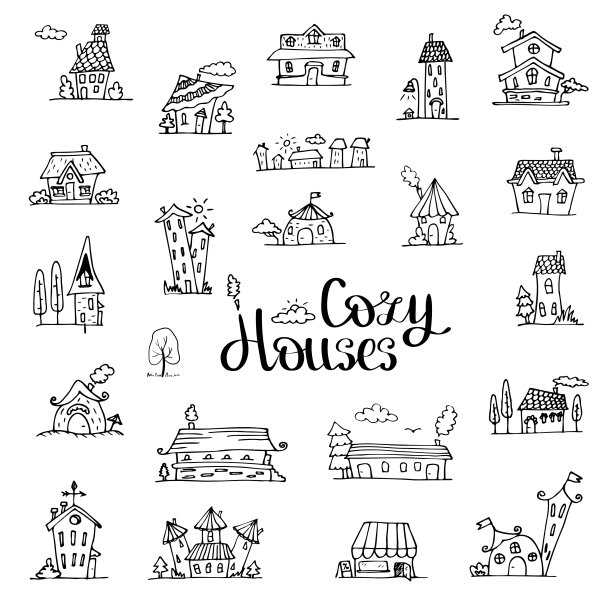 房屋建筑物建造集合。涂鸦矢量插图设置的对象黑白在白色的背景图片下载