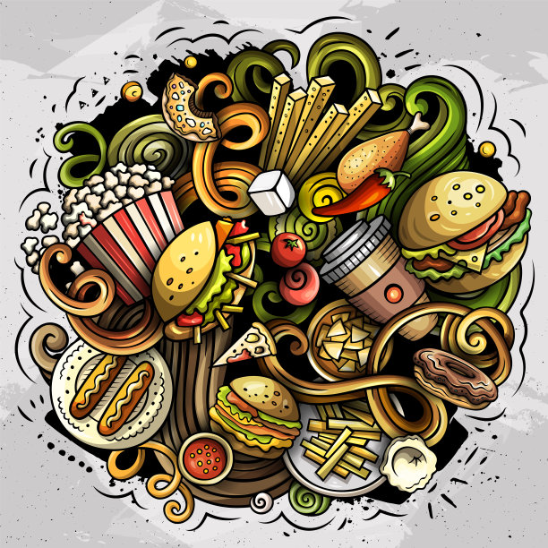 手绘快餐食品矢量涂鸦插画图片下载