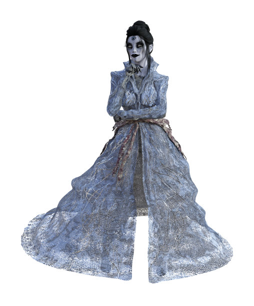 一个僵尸女人穿着飘逸的薄纱裙子在白色的背景上的插图。图片下载