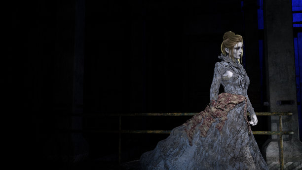 一个苍白的女人穿着一件飘逸的薄纱长裙在一个黑暗可怕的环境中行走的插图。图片下载