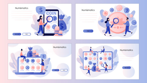 古币。小人钱币商收集、买卖古币。爱好或者职业。屏幕模板登陆页面，模板，ui, web，移动应用程序，海报，横幅，传单。向量图片下载