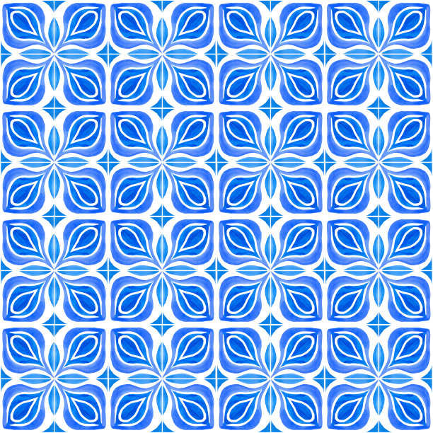 水彩蓝色瓷砖无缝模式孤立的白色背景。手绘民间装饰画。图片下载