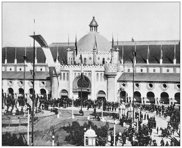 美国地标的古董黑白照片:加利福尼亚州仲冬博览会，制造业和文科大楼入口图片下载