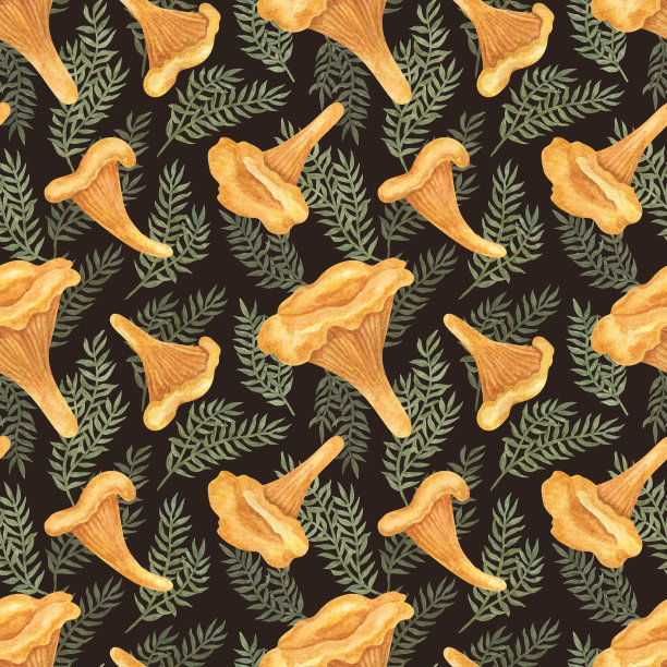 无缝图案与食用蘑菇。水彩插图。印刷用于墙纸设计，织物，纺织品，包装。图片下载