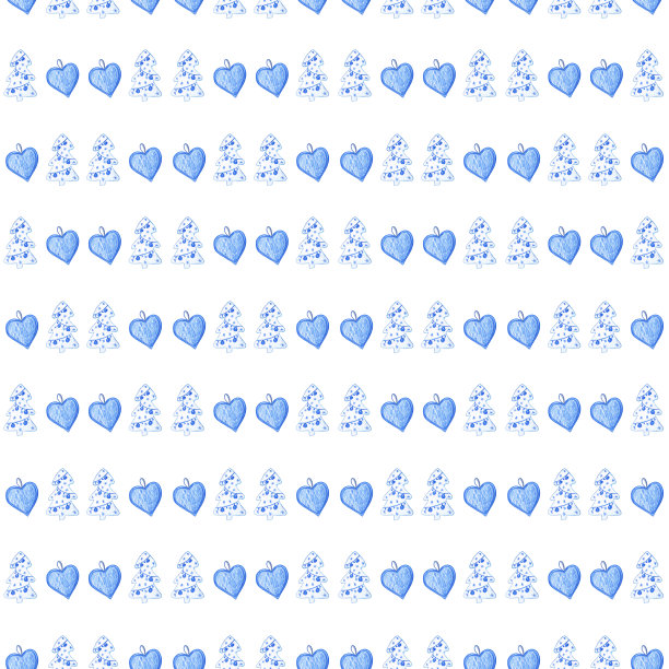 圣诞节无缝模式与圣诞装饰树和心形画在蓝色水彩，在白色孤立的背景。用于纸张工艺和数字设计项目。可爱又舒适的艺术品。图片下载