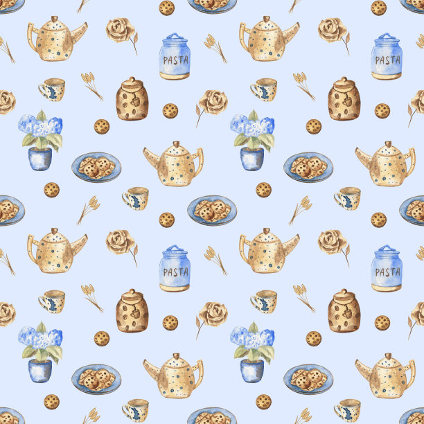 舒适无缝模式与农家乐风格的装饰项目。水彩插图在天蓝色的背景。完美的壁纸，包装纸，厨房纺织品，家庭装饰等。图片下载