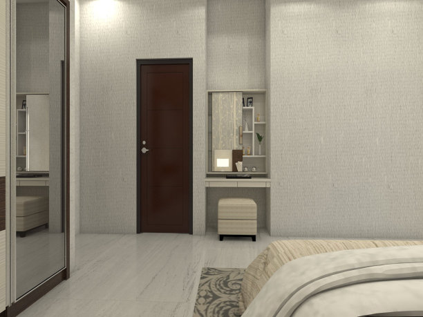 室内卧室的极简主义梳妆台和简单的长凳图片下载