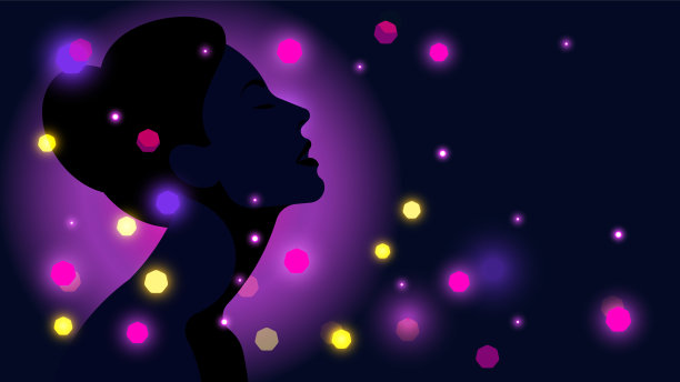 一个女人的剪影被灯光和散景包围。带有夜晚灯光效果的矢量插图。图片下载