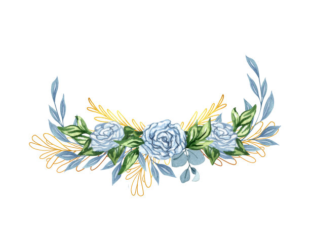 水彩花卉组成，蓝色玫瑰，秋季clipart，秋季设计元素，秋季安排的蓝色花和金色的花枝。收获的插图图片下载