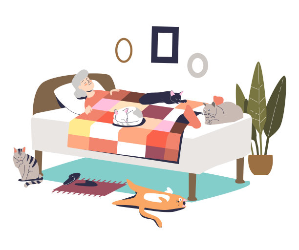 老女人睡在床上，到处都是猫。可爱的老奶奶夫人在卧室里休息图片下载