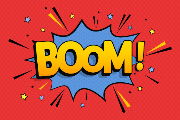 喜剧文本音效。繁荣。矢量明亮的卡通插图在流行艺术风格的红色背景。图片下载