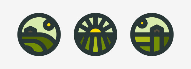 农场标志标志模板或标志的农村景观与太阳和领域。自然农业、有机食品工业或收获运动的现代几何标志或徽章图片下载