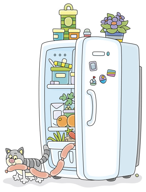 狡猾的猫从冰箱里偷香肠图片下载