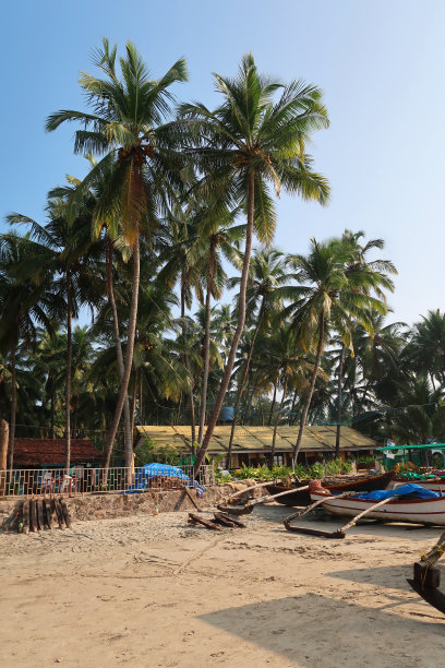 Palolem海滩小屋和海洋景观的图片，高高的木质树屋海滩小屋窗户俯瞰阳台阳台，渔船，印度果阿海滩图片下载