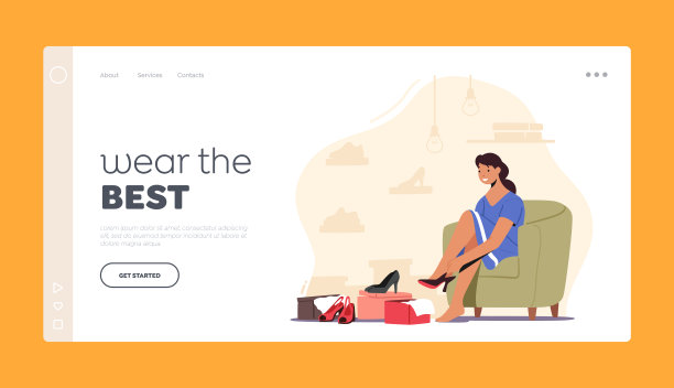 女孩选择和试穿鞋在商场登陆页面模板。坐在沙发上试穿鞋跟的年轻女子图片下载