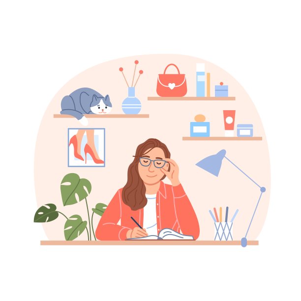 女孩日记的概念。微笑的美女拿着笔在日记笔记本上写笔记。年轻的现代学生在课桌上读书。十几岁的女孩了。女性人物角色矢量插图。图片下载