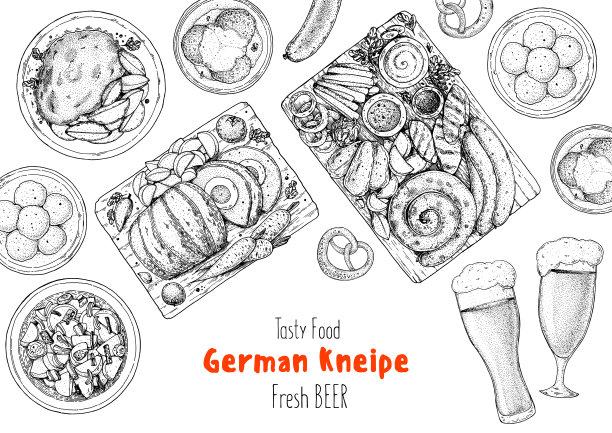 德国菜菜单示意图。设计模板。手绘插图。德国kneipe菜单。黑色和白色。雕刻风格。手绘食物素描插图。复古的bierstube菜单。图片下载